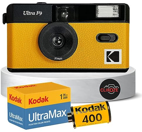 Wiederverwendbares Filmkamera-Set enthält eine gelbe Kodak Ultra-F9-Filmkamera, Kodak Ultramax 35 mm Film, 36 Belichtungen und Clikoze Kamerafilm-Fotografie-Tipps Karte