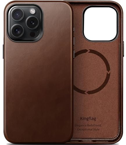 kingflag Lederhülle für iPhone 15 Pro Max 6,7 Zoll aus Argentinien importiertem | Oil Wax Vollnarbenleder, kompatibel mit MagSafe, Metalltasten und Kameralünette