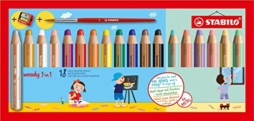 Farbige Stifte Stabilo Woody 880/18 Set von 18 Farben mit einem Bleistiftschärfer | 2 Stücke