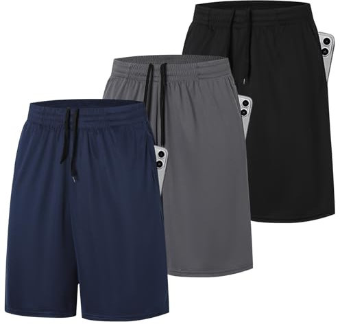 ZENGVEE 3 Pack Men's Running Shorts Gym Exercise Shorts Men with Pocket Quick Dry Sports Shorts for Workout Sport Training Tennis Basketball Quick Dry Short(0904-Black Grey Navy-L)
