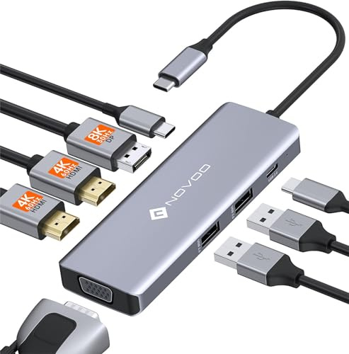 NOVOO Docking Station USB C Dual HDMI 8 in 1 USB C Hub mit 4K@120Hz DisplayPort,2HDMI 4K@60Hz,VGA,2USB-A+1USB-C Datenports,PD 100W Laptop Adapter 4 Monitore für iPhone 15/MacBook/Dell/Lenovo/Surface