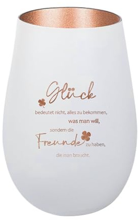Der-Porzellan-Laden Windlicht mit Gravur Glück bedeutet Nicht Weiß Bronze | Teelichthalter aus Glas mit Spruch, Tischdeko modern