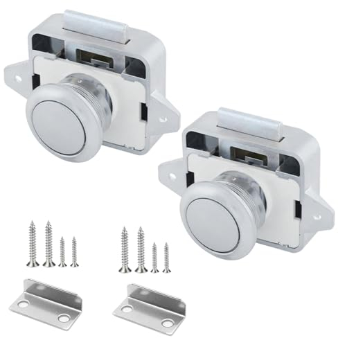 Vueinrg 2 Pezzi Push Lock Chiusura a Scatto Chiusura a Pulsante 14-16 mm Serratura per Cassetto Caravan Porta Cassetti Armadio Camper Yacht Nave (Cromato)