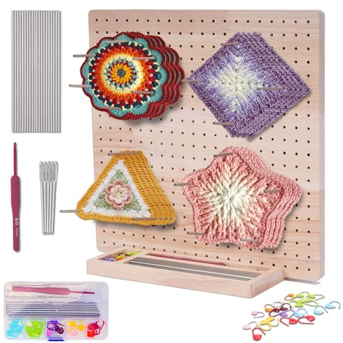 awagas 59 Pcs Wooden Crochet Blocking Board Set, 11 inch Granny Square Blocking Board and 20 Pins for Crocheting and Knitting Projects Crochet