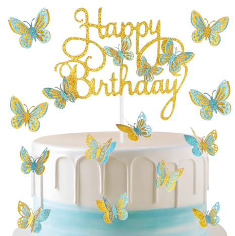 mciskin Gold Blue Happy Birthday Cake Toppers, Blue Gold Butterfly Cake Toppers for Cake, Glitter Butterfly Cake Decorations, Butterfly Theme Cake Cupcake Toppers for Girls Women Birthday Decorations