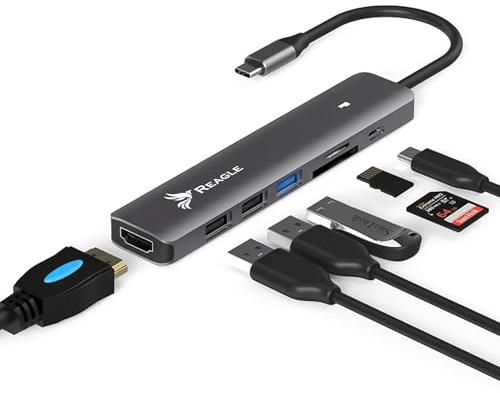 REAGLE Hub USB-C 7 en 1: HDMI 4K, 100 W Power Delivery, lector de tarjetas SD/TF, 5 Gbps USB 3.2 Gen 1, adaptador de aluminio para Apple M1/M2