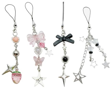Greabuy Schlüsselanhänger für Frauen, 4 Stück, Schleife, Stern-Anhänger, Handy-Charm-Aufhängung, Seil, süße Handykette, Tasche, Dekoration, Schlüsselband, Schlüsselanhänger-Zubehör, rose