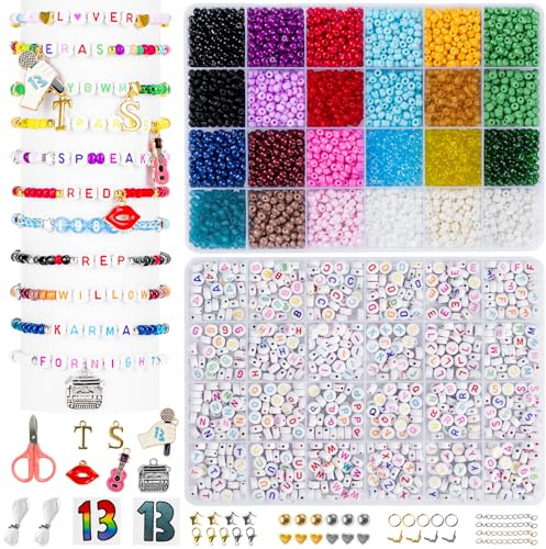 Zenmag Glasperlen für Freundschaftsarmbänder, 4 mm, 24 Farben mit 920 bunten Buchstabenperlen (A-Z) und Charms, Kinder-Armband-Set, Geschenke für Mädchen
