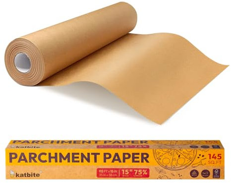 Katbite Rollo de papel para hornear, 15 pulgadas de ancho y 115 pies de largo, papel de pergamino sin blanquear en un rollo con un área de 145 pies cuadrados
