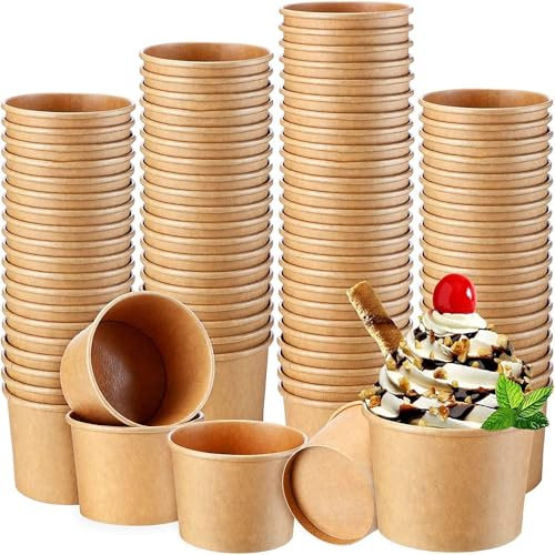 Xaztr 100Pcs Paper Ice Cream Cups, 240ml Disposable Desert Cups Kraft Paper Yogurt Dessert Bowls for Hot or Cold Food, Yogurt, Ice Cream, Bar