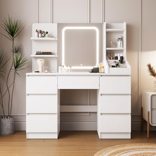 TRIUMPHKEY Schminktisch mit LED-Spiegel, 3 Tönen, verstellbare Helligkeit, 2 Ablagen und 7 Schubladen, moderner Stil, aus Holz, Weiß