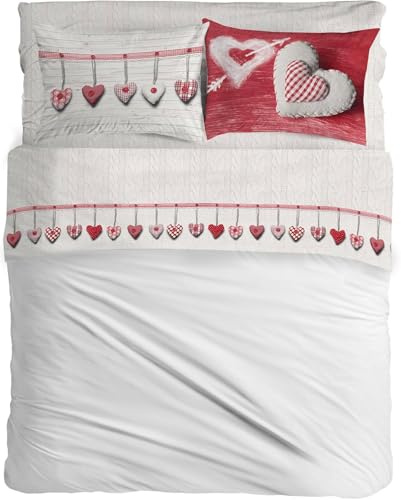 PELLECCHIA 1969 |Completo Letto Matrimoniale, Flanella 100% Anti Pilling - Set Flanellato include Lenzuolo Sotto, Sopra e 2 Federe double-Face | Fantasia Cuore Appeso (Cuore Rosso, Matrimoniale)