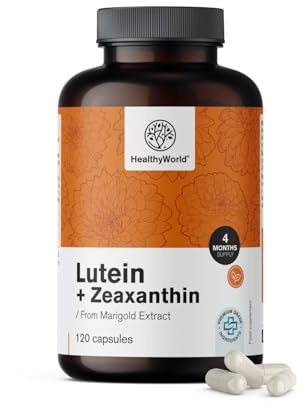 HealthyWorld® Luteina + Zeaxantina - 120 Capsule Vegetali - 2 Carotenoidi Naturali - 32 mg di Luteina e 2 mg di Zeaxantina per Dose Giornaliera - per 2-4 Mesi - Supporto della Vista e degli Occhi