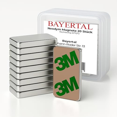Bayertal® Neodym-magneter 20 x 10 x 2 mm – 20 stycken, N52 extra stark med 3 m lim – minimagneter självhäftande för magnettavla, whiteboard, kylskåp, kontor, verkstad och hushåll – fäster också utan