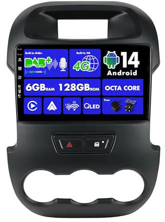 SXAUTO【Built-in 4G LTE DAB】Android 14-6G+128G - Car Stereo For Ford Ranger (2011-2016) - CarPlay/Android Auto - Camera + MIC - QLED 9 Inch 2 Din - Daul Band Steering Wheel Fast-boot 360-CAM HDMI
