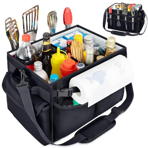 FRECOLSH Large Grill Caddy with Paper Towel Holder – Collapsible BBQ Organizer for Camping, Tailgating, RV, Boating – Grilling Gifts for Men – Griddle Tote Bag with Shoulder Strap – Outdoor Essentials