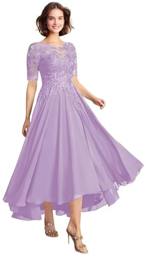 Vestido de noche formal de gasa con apliques de encaje para madre de la novia, vestido de noche formal con mangas cortas, invitada de boda para mujer, Lila, 46