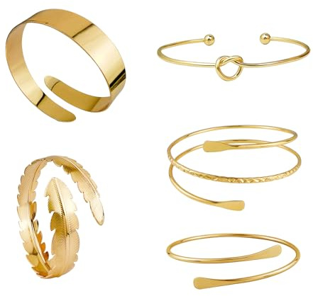 Syylqyr 5 Pcs Gold Arm Cuff, Arm Bracelet Minimalist Style Adjustable for Girl Women Party Casual Wear Daily Travel Gift