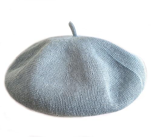JOYHY Damen Sommer Uni Leinen Atmungsaktiv Stricken Französisch Baskenmütze Barette Hellblau L
