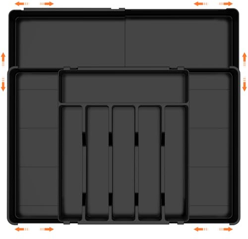 FERRGIA Organizer Posate da Cassetto,6-9 Scomparti,Espandibile da 36.5 a 54 cm,Porta Posate Cucina Cassetto Regolabile,Organizer Cucina Regolabile per Cucchiai, Forchette e Coltelli,Nero