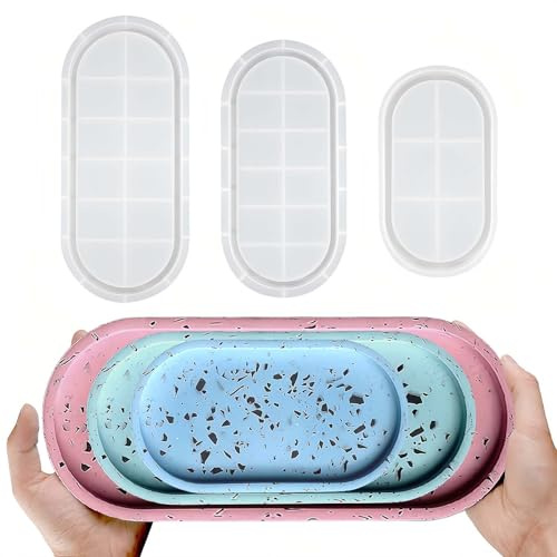 BDYLYS 3 Stück Silikonformen Gießformen Tablett in 3 Größen | Ovale Silikonform Tablett in 3 Größen – für Gips, Raysin, Resin, Jesmonite und Beton