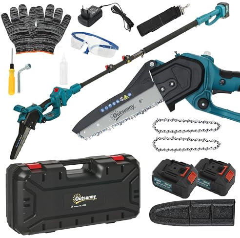 Outsunny Mini tronçonneuse à batterie 8 pouces 6000mAh 580W élagueuse sans fil pour branches et jardin avec 2 batteries perche télescopique et verrouillage de sécurité bleu