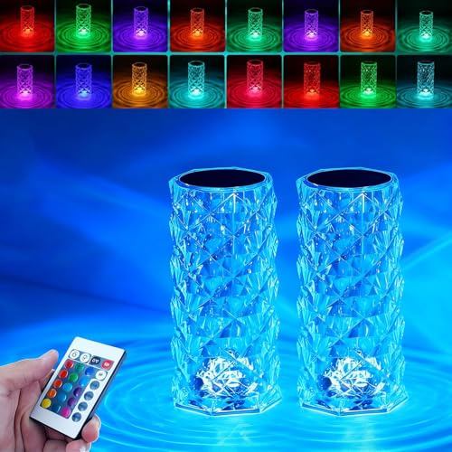 2Pack Crystal Table Lamp (Touch & Remote), 4 Modes 16 Color Changing Night Light, Rechargeable, Dimmable, RGB Rose Diamond Mood Lighting, Protable Cordless Desk Lamp for Bedroom Living Room Party