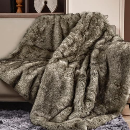 ROMROL Luxury 1000GSM Faux Fur Throw Blanket, Super Thick Warm Cozy Blankets for Couch Bed Sofa, Plush Fuzzy Elegant Soft Reversible Mink Blanket for Home Decor, Browngrey, 130x150 CM
