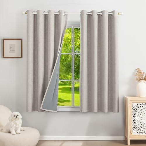Runyéla 100% Verdunklungsvorhänge Leinen Gardinen mit Ösen 2er Set, Thermovorhang Hitzeschutz H 160 x B 140, Leinenoptik Vorhänge Blickdicht Grauweiß Schallschutz für Schlafzimmer Wohnzimmer