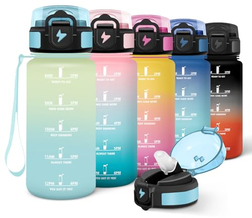 Motswedi Gourde Enfant, 500ml avec Paille, Gourde Sport, Réutilisable, Anti-Fuite, Bouteille, avec Marqueur de Temps, Bouteille d'eau, pour École, Fitness, Yoga, Sport, Blanc Cassé-Bleu Clair