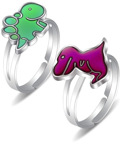 HMCEY Set de 2 Bague D'Humeur Enfant Dinosaurien,Bague Changement de Couleur,Bagues Humeur Reglable,Qui Change de Temperature Bagues Emotional Change Couleur,Mood Ring Kids pour Costume Fête