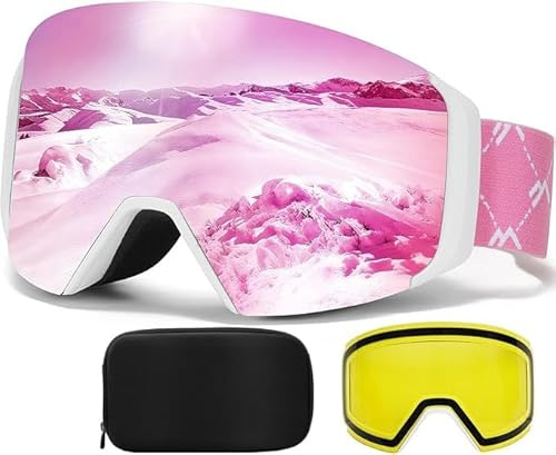 VCOROS Magnetic Ski Goggles with Quick-Change Lens, OTG Design, Anti-Fog snow goggles, UV400 Protection, Helmet Compatible Snowboard Goggles for Men & Women (White Frame REVO Pink)