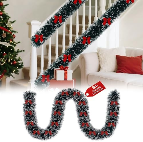 UISEBRT Künstliche Weihnachtsgirlande mit 24 roten Schleifen,Weihnachten Girlande Dekogirlande Tannengirlande für Weihnachtsbaum Partyzubehör Garten Hochzeit Decken Kamin Treppe Deko,Dunkelgrün 8M