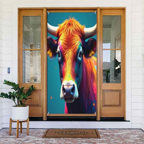 Decoraciones para puertas – Moderno estampado de toro n.º 128 para puerta delantera, cartel de primavera y verano, telón de fondo colgante para interiores y exteriores, suministros de decoración de