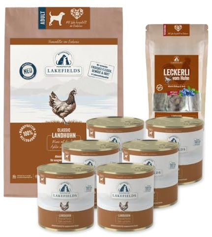 Lakefields Premium Hundefutter Bundle | Huhn | 6x800g Nassfutter | 2,5kg Trockenfutter | 150g Leckerli | Getreidefreies Futter für Hunde | Natürliche Zutaten in Lebensmittelqualität