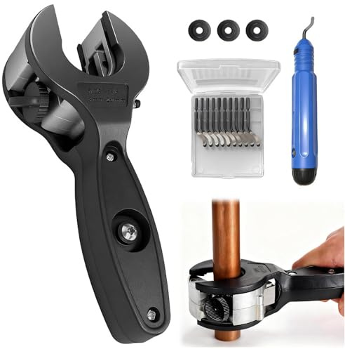 Coupe-tube à cliquet avec 3 roues de coupe et outils d'ébavurage de rechange - Coupe-tube en cuivre de 8 à 29 mm - Coupe-tube de précision - Acier inoxydable - Tubes en cuivre - Convient pour les