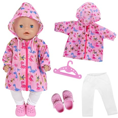 Puppenkleidung 35-43 cm, 4 Stück 14-18 Zoll Puppen Regen Outfit mit Wasserdichter Pony Jack Hose Schuh Kleiderbügel Puppenkleidung Kleidung Zubehör für Babypuppen Jungen Mädchen Geschenk (Rosa)
