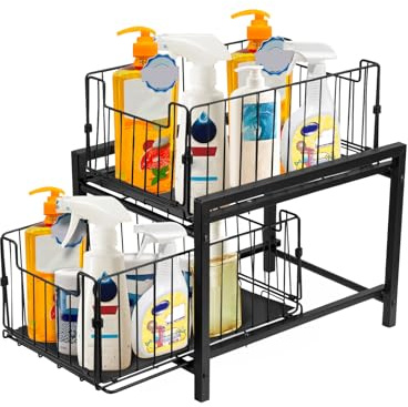 GREENSAPPIRE Under Sink Storage 2-Tier Pull-Out Sliding Basket, Cupboard Storage Organiser, Detachable Metal Organizer for Kitchen & Bathroom Cupboard, Space-Saving Storage Solution (Black)