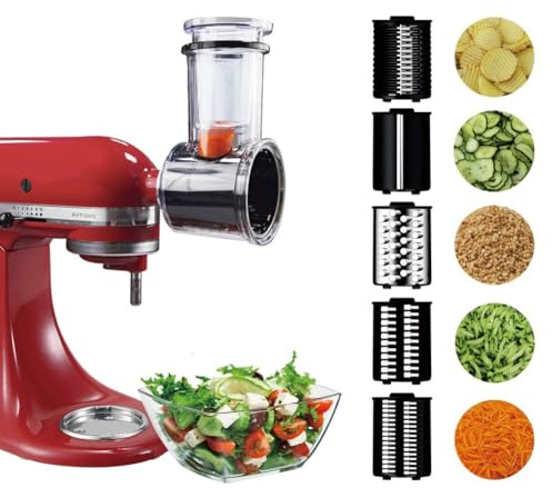 URPIZY skär- och rivfäste i rostfritt stål för KitchenAid mixer, 4 utbytbara knivar, livsmedelssäker SUS304, diskmaskinssäker, säker att hantera, för grönsaker, ost och N