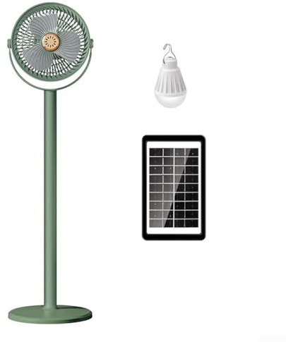 Ventilador de pie recargable con energía solar, ventilador portátil de escritorio USB de 5 velocidades con batería de 4000 mAh, ventilador de pedestal plegable ajustable de 360° con luz LED para