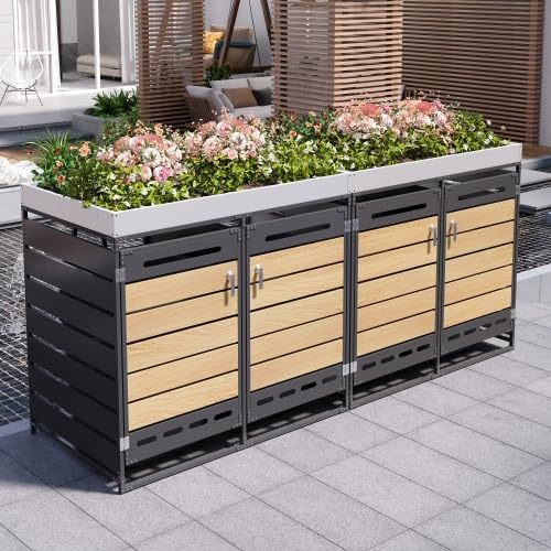 Merax Mülltonnenbox 4er mit Pflanzdach, Metall Mülltonnenverkleidung mit Holzoptik, Wetterfest und Rostgeschützt, 4 Separate Fächer für Mülltrennung, Gartenbox mit Schloss und Belüftung