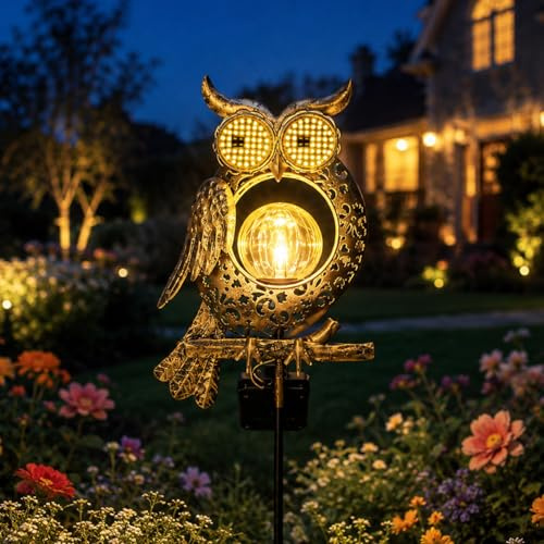 Luz Solar Exterior, Búho Farolillos Solares Exterior Jardin con Efecto Dinámico en los Ojos, Esfera Luces LED y Ganchos de Pastor, Adornos Decoracion Jardin Exterior para Senderos, Patios, Terrazas