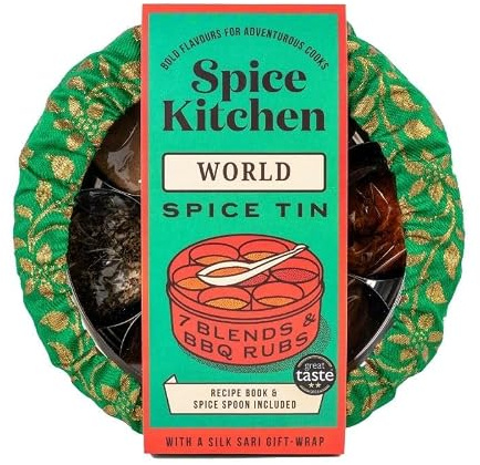 Spice Kitchen World Spice Blends & BBQ Rubs Gift Set, 9 Spices Including Garam Masala, Sri Lankan Curry Powder, Harissa, Tex Mex, Jerk, Chinese, Ras El Hanout, Za'atar - Spice Tin with Sari Wrap