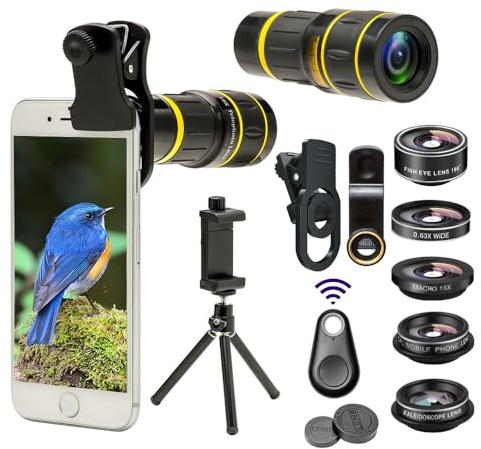 Godefa Cell Phone Camera Lens with Tripod+ Shutter Remote,6 in 1 18x Telephoto Zoom Lens/Wide Angle/Macro/Fisheye/Kaleidoscope/CPL, Clip-On lense Compatible for iPhone X 8 7 6s Plus, Samsung and More