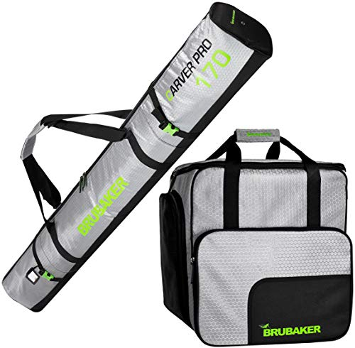 BRUBAKER Kombi Set CarverTec Pro - Skisack und Skischuhtasche für 1 Paar Ski + Stöcke + Schuhe + Helm - Silber Grün - 170 cm