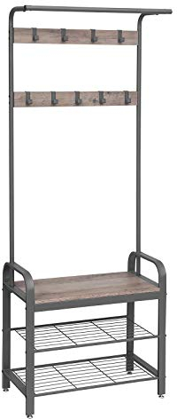 VASAGLE Garderobenständer, Garderobe, Schuhregal mit Sitzfläche, Kleiderständer mit 9 abnehmbaren Haken, Sitzbank, 2 Gitterablagen, 183 cm hoch, Industrie-Design, greige-grau, HSR40MG