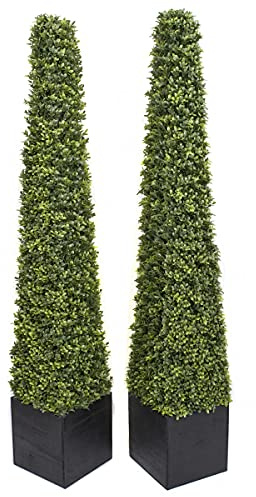 2 x Artificial Premium Quality Topiary Boxwood Pyramid Trees in Black Square Planter for Indoor Outdoor Decor, UV Stable (5ft/150cm)