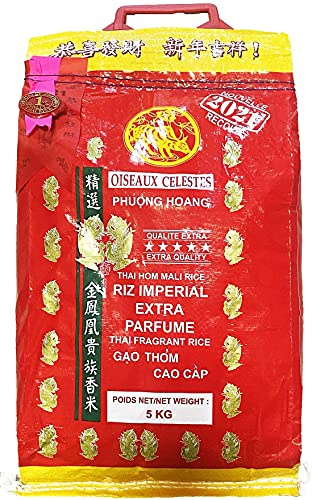Riz Thai impérial extra parfumé qualité premium 5KG 2021 - Pelle à riz offerte - Marque Oiseaux Célestes - Année 2021 (10KG : Lot de 2 sacs de 5KG)