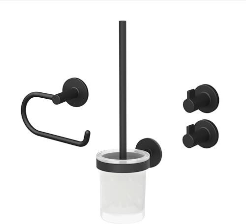 Lenz Bad-Accessoire-Set Nero in Schwarz-matt – Toilettenpapierhalter, WC-Bürstengarnitur und Zwei Handtuchhaken – 4-teilig – Zum Kleben oder Bohren – Mit Anti-Fingerabdruck Oberfläche – 4590051
