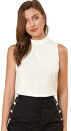 Allegra K Women's Denim Frill Mock Neck Ruffle Summer Sleeveless Top Blouse White 16